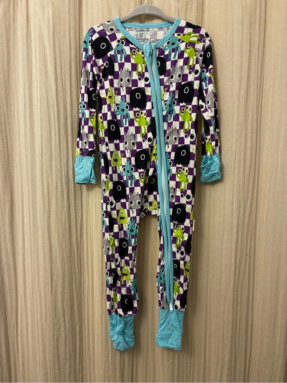 Kids Monster Print Zip Footless Pajamas - Aqua Trim bamboo local brand 2t